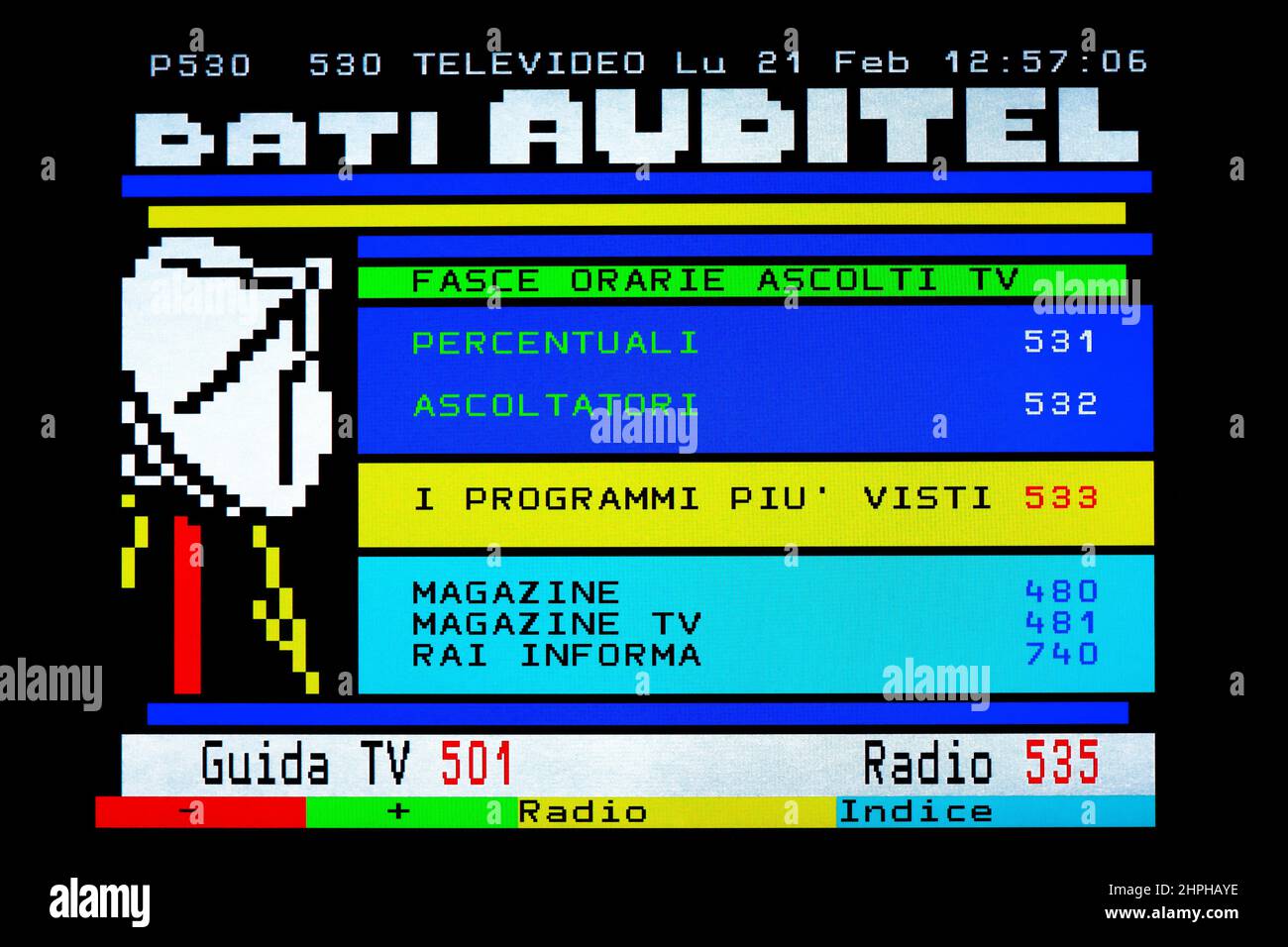 INDEX TÉLÉTEXTE des évaluations des utilisateurs/partages. Televideo RAI, émission publique italienne. Photo originale avec affichage graphique simple Banque D'Images