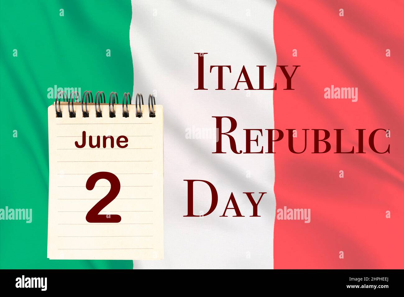La célébration de la Journée de la République d'Italie avec le drapeau italien et le calendrier indiquant le 2 juin. Banque D'Images