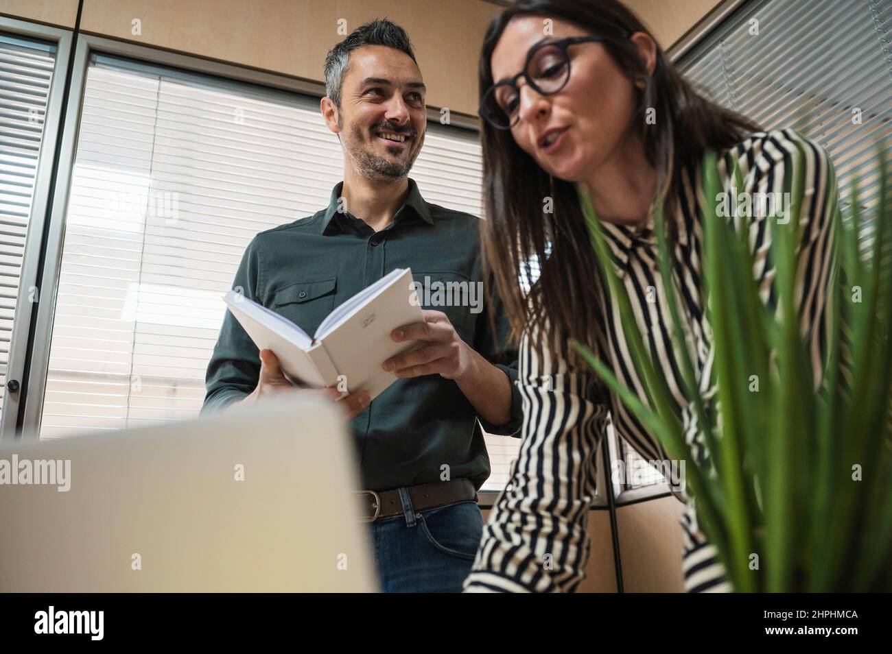 Homme et femme d'âge moyen travaillant sur un projet dans un bureau. Banque D'Images