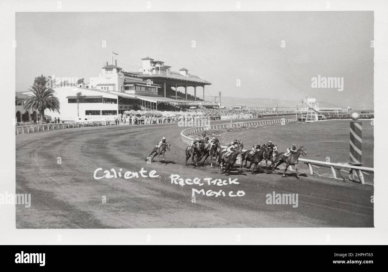 Course hippique, circuit de course d'Agua Caliente, carte postale d'environ 1930s. Photographe inconnu Banque D'Images