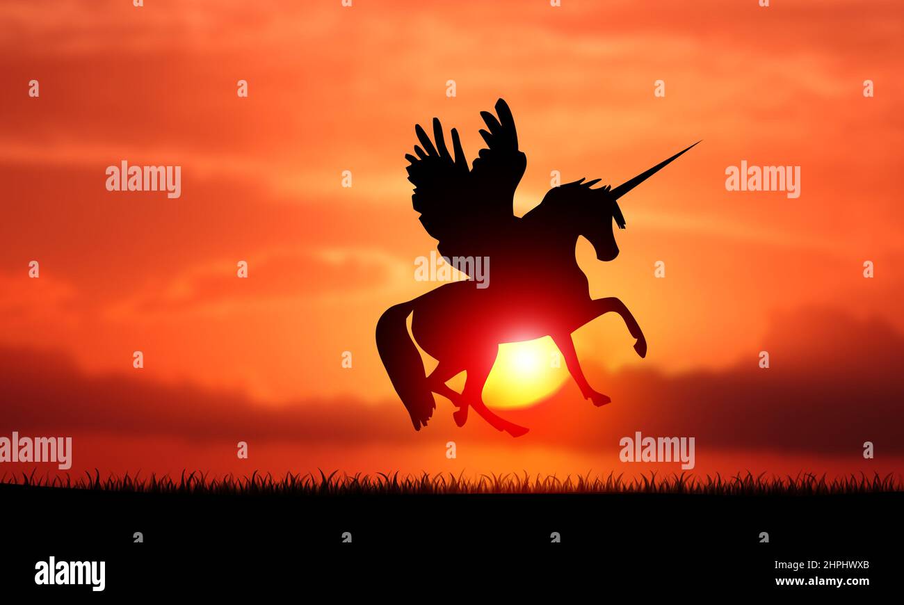 Cheval avec ailes et corne Pegasus Unicorn volant sur le ciel coucher de soleil. Banque D'Images