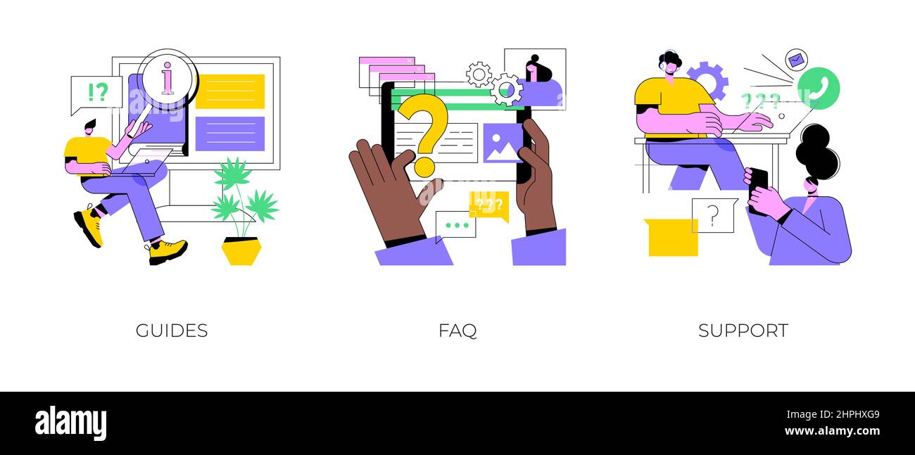 Jeu d'illustrations vectorielles abstraites de concept de barre de menus du site Web. Guides, FAQ et pages d'accueil de l'assistance. Informations sur l'entreprise, interface utilisateur, élément UI, aide à la clientèle, contactez-nous métaphore abstraite. Illustration de Vecteur