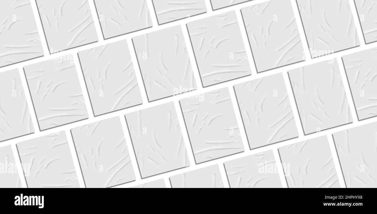 Maquette d'ébauches en papier brillant diagonal. Identification de marque , cartes de visite, pages de magazine et publications sociales. Groupe de maquettes rectangulaires blanches froissées Banque D'Images