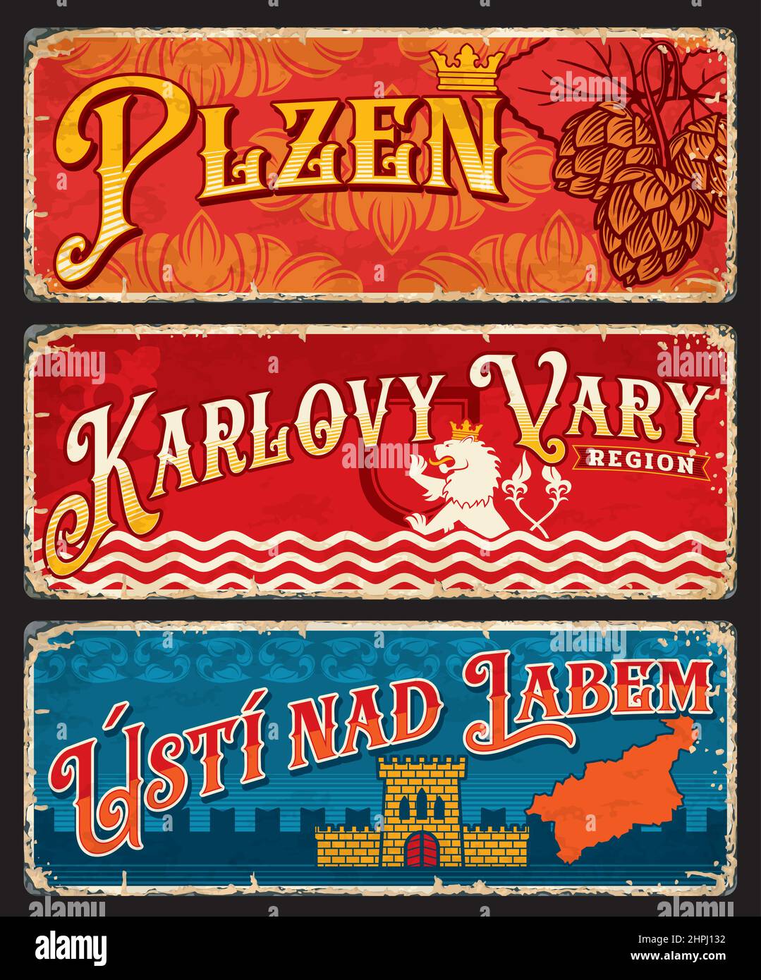 Plzen, Karlovy Vary, Usti nad Labem régions tchèques autocollants et plaques. Bannières de voyage vintage Vector avec saut, lion héraldique, blason Illustration de Vecteur