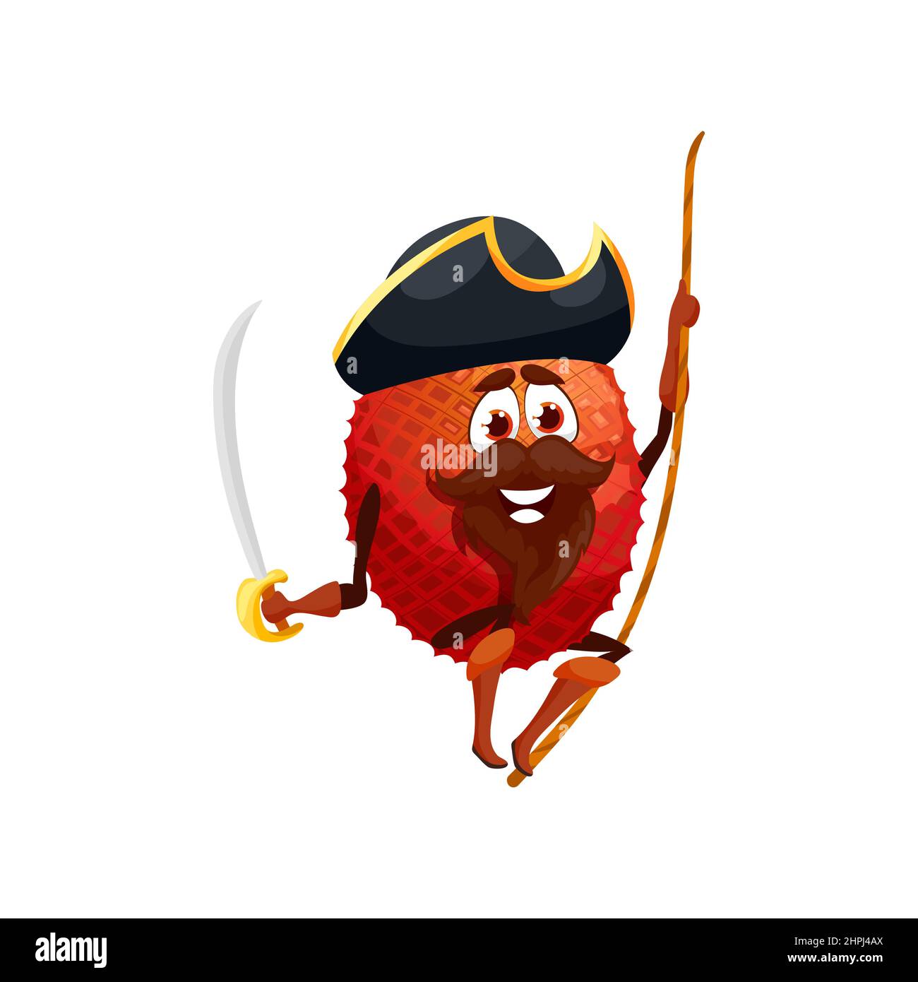 Lychee rouge fruit pirate émoticône personnage de dessin animé lychee isolé dans corsair chapeau sur corde avec épée. Dessert d'été Vector avec barbe, buccaneer Illustration de Vecteur