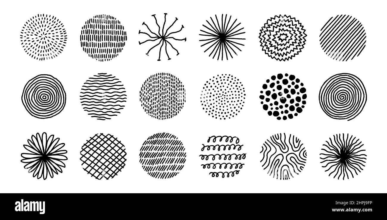 Cercles dessinés à la main avec une texture boosée.Ensemble moderne abstrait forme ronde noire avec lignes, cercles, gouttes.Formes de caniche bio dessinées à la main.Colletion Illustration de Vecteur