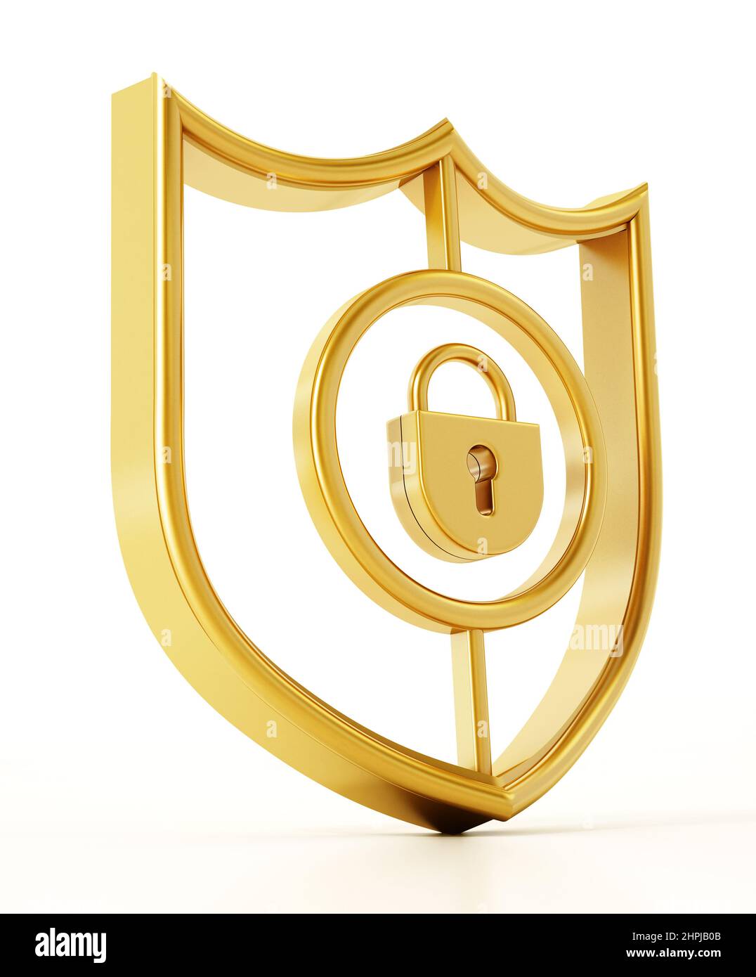 Symbole cadenas à l'intérieur de la protection dorée. 3D illustration. Banque D'Images