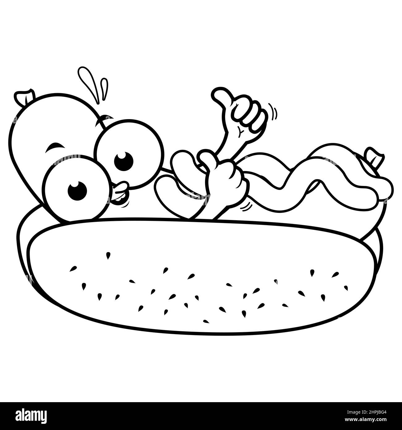 Personnage de hot dog animé avec moutarde et ketchup. Page de couleur noir et blanc Banque D'Images