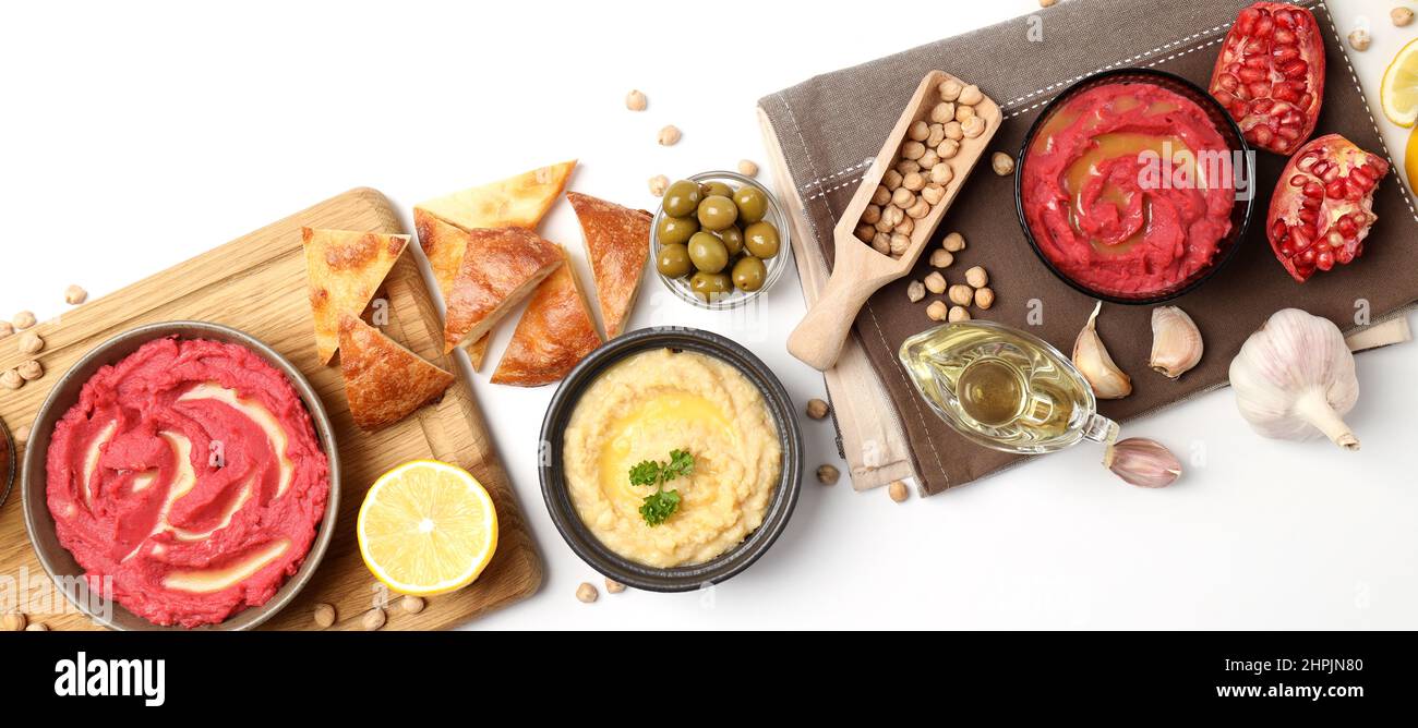 Concept de nourriture savoureuse avec houmous, vue de dessus Banque D'Images