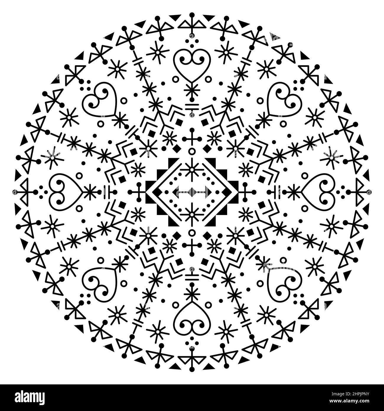 Style scandinave islandais style rune géométrique vecteur mandala design - décoration d'art tribal à lignes rondes avec coeurs en noir et blanc Illustration de Vecteur