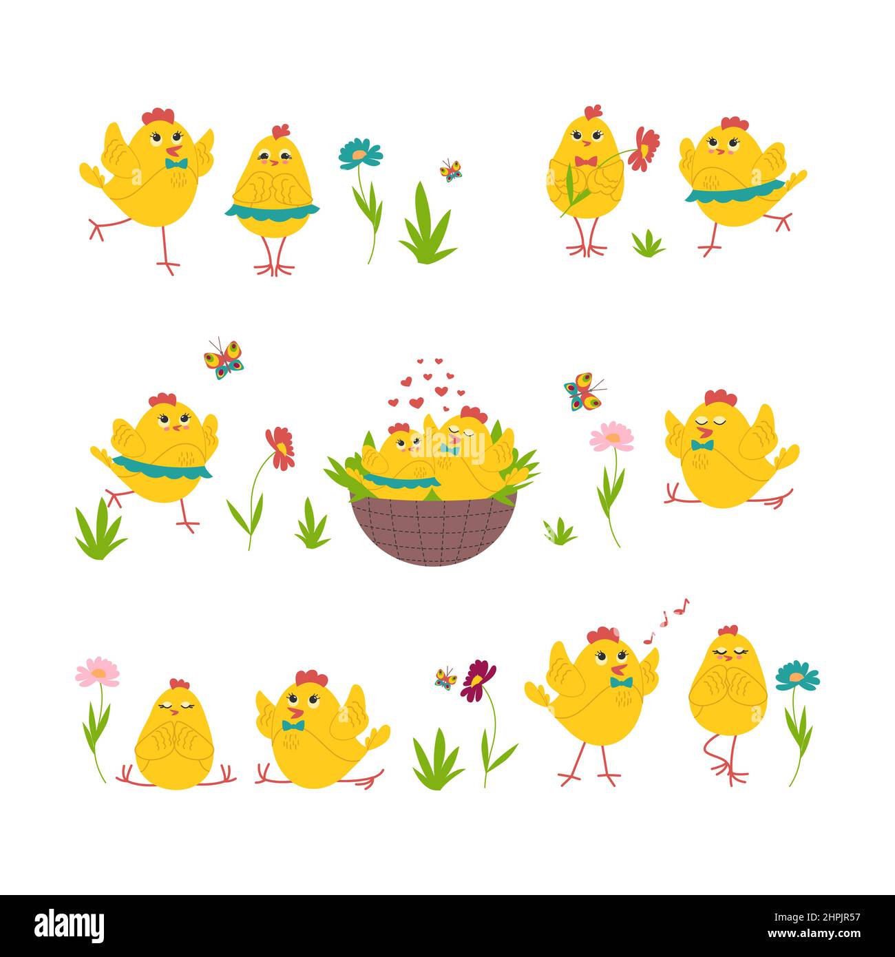 Ensemble de poulets de Pâques mignons, poulets jaunes dans différentes poses, un couple amoureux, faisant du yoga. Illustration vectorielle Illustration de Vecteur