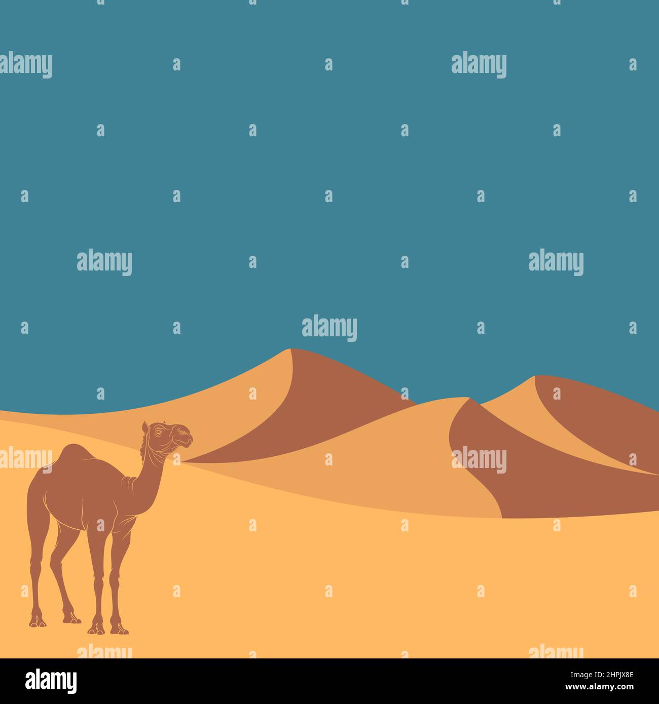 Paysage avec désert, dunes et chameau. Arrière-plan de couleur vectorielle. Illustration de Vecteur