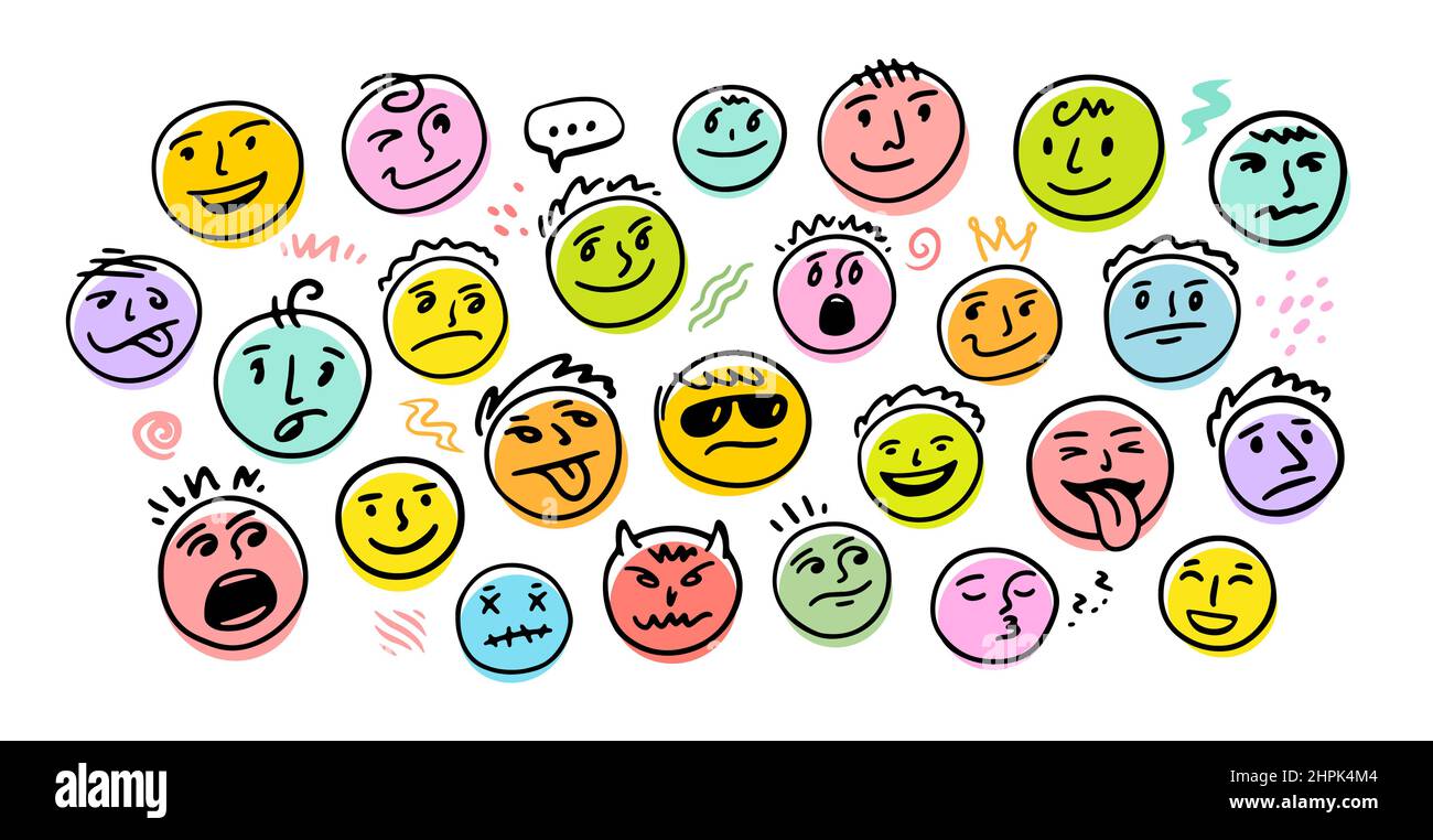 Ensemble de vecteurs emoji. Émoticônes caractères dans les expressions d'humeur heureux et triste. Illustration vectorielle Illustration de Vecteur