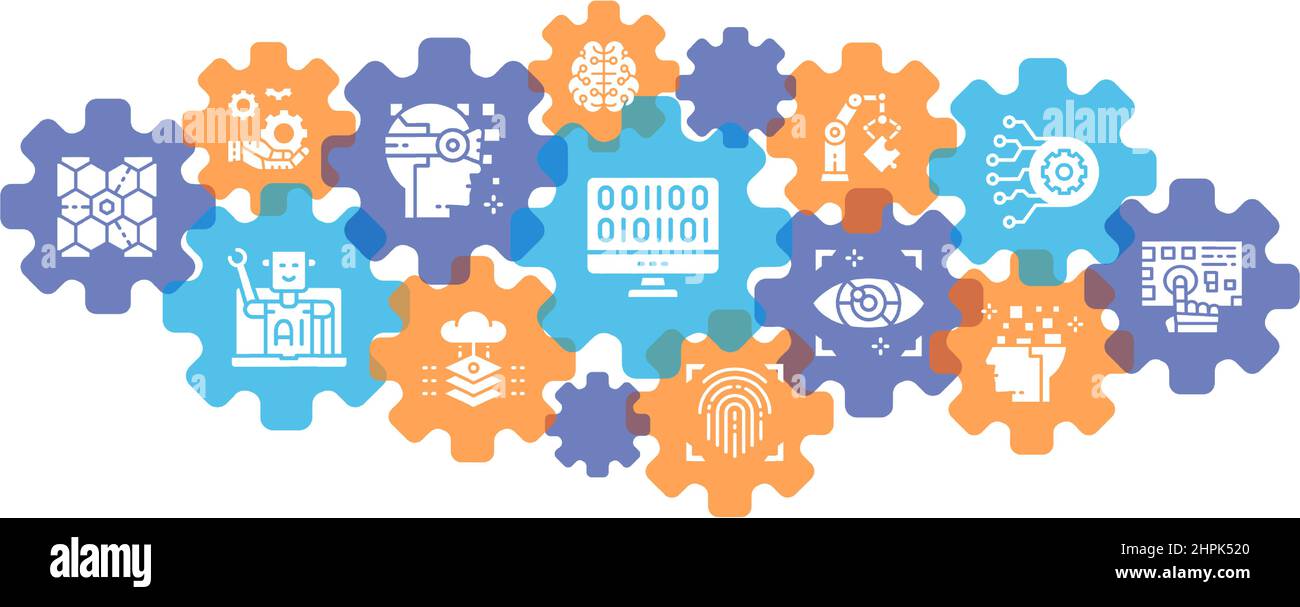 Bannière d'icône de la ligne Intelligence artificielle. Robotique, Chatbot, Database, Big Data Set icônes isolées sur fond blanc Illustration de Vecteur
