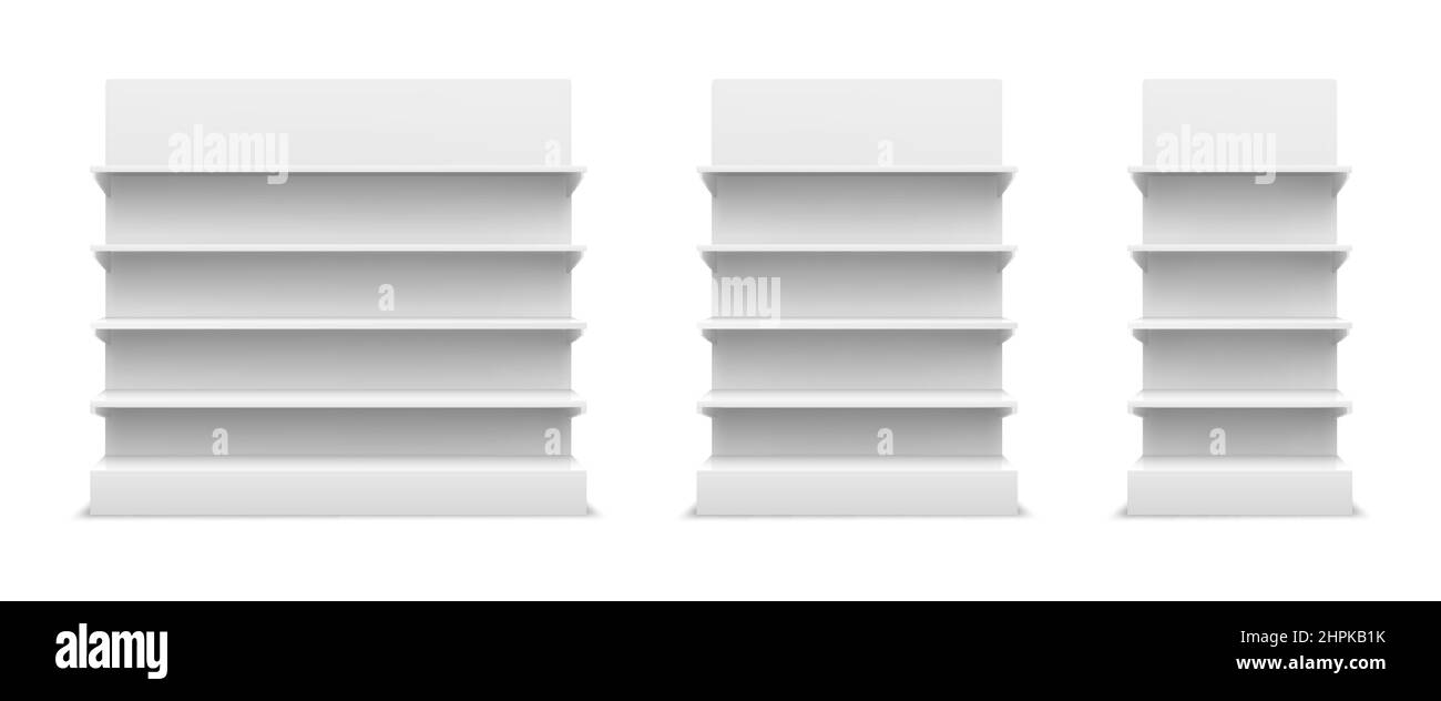 3D tailles de maquette de présentation de tablette blanche réalistes. Commerce signifie magasins et supermarché. Ensemble de vecteurs de la vue avant de la vitrine de magazine vide Illustration de Vecteur