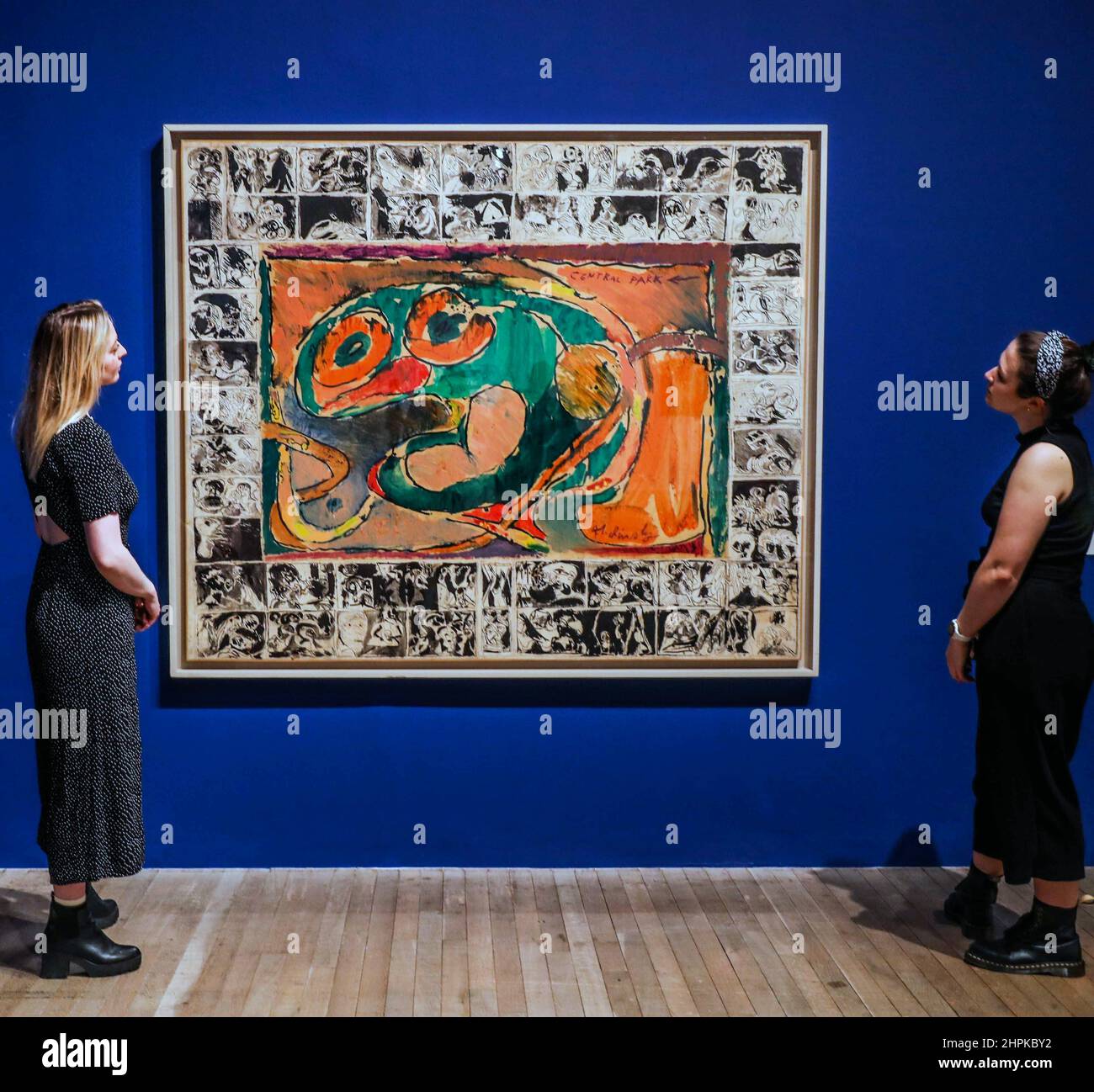 Londres Royaume-Uni 22 février 2022 Pierre Alechinsky, Central Park, 1965, Acrilyc peinture sur toile entourée de dessins à l'encre et de notes sur papier.cette exposition révolutionnaire s'étend sur 80 ans et 50 pays, élargissant notre compréhension du Surréalisme comme jamais auparavant, Avec plus de 150 œuvres allant de la peinture à la photographie en passant par la sculpture et le film, dont beaucoup n'ont jamais été exposées au Royaume-Uni. Paul Quezada-Neiman/Alay Live Nouveau Banque D'Images