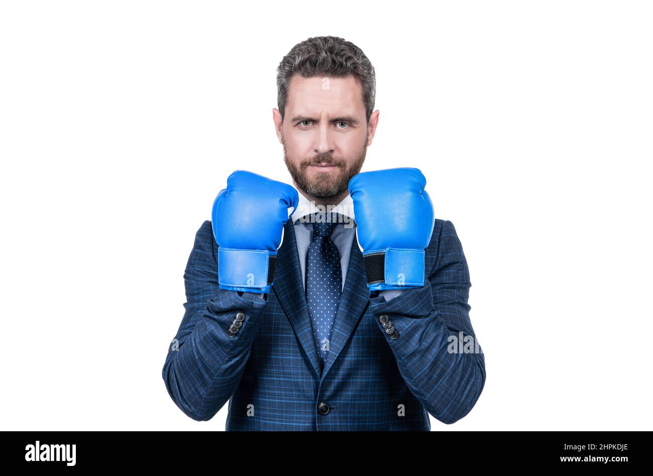 Le Manager senior porte des gants de boxe dans un style professionnel formel isolé sur blanc, compétition Banque D'Images