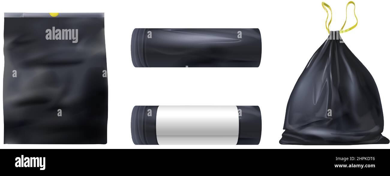 Sacs à ordures en plastique noir réalistes pleins de déchets et vides. Rouleau de sacs à déchets avec maquette d'étiquette en papier. Sac poubelle de cuisine avec ensemble de vecteurs à cravate Illustration de Vecteur