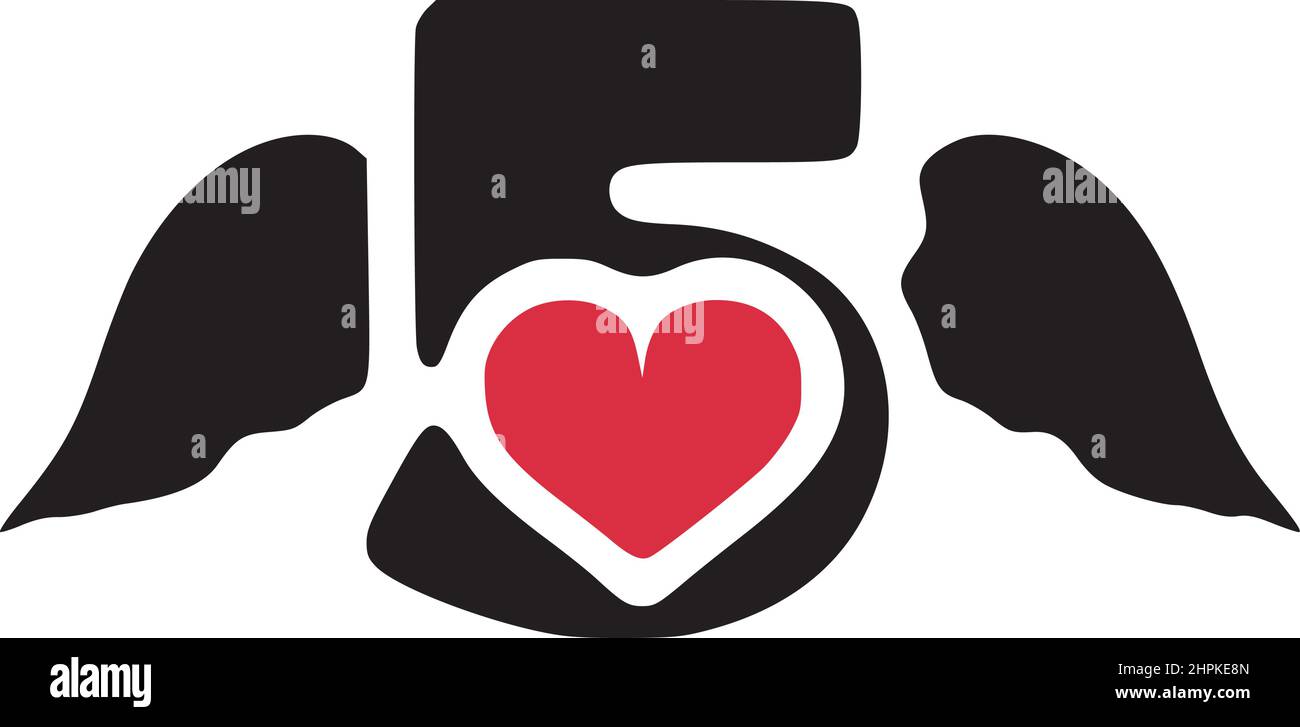 Numéro 5 avec ailes et symbole coeur icône Doodle Illustration de Vecteur