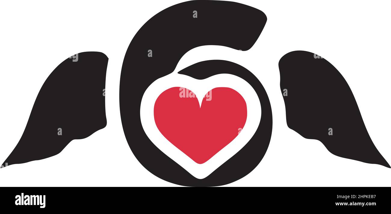 Numéro 6 avec ailes et symbole coeur icône Doodle Illustration de Vecteur