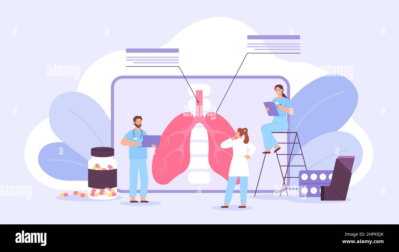 Concept de traitement de la maladie des poumons avec les médecins vérifient le diagnostic. Affiche sur l'asthme, la tuberculose, la pneumonie respiratoire ou le vecteur médique du coronavirus Illustration de Vecteur