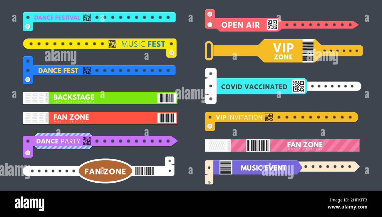 Bracelet en plastique pour l'entrée de l'événement, bracelet pour le concert. Bracelet avec code qr covid vacciné. Jeu de vecteurs de contrôle d'accès VIP Party Illustration de Vecteur