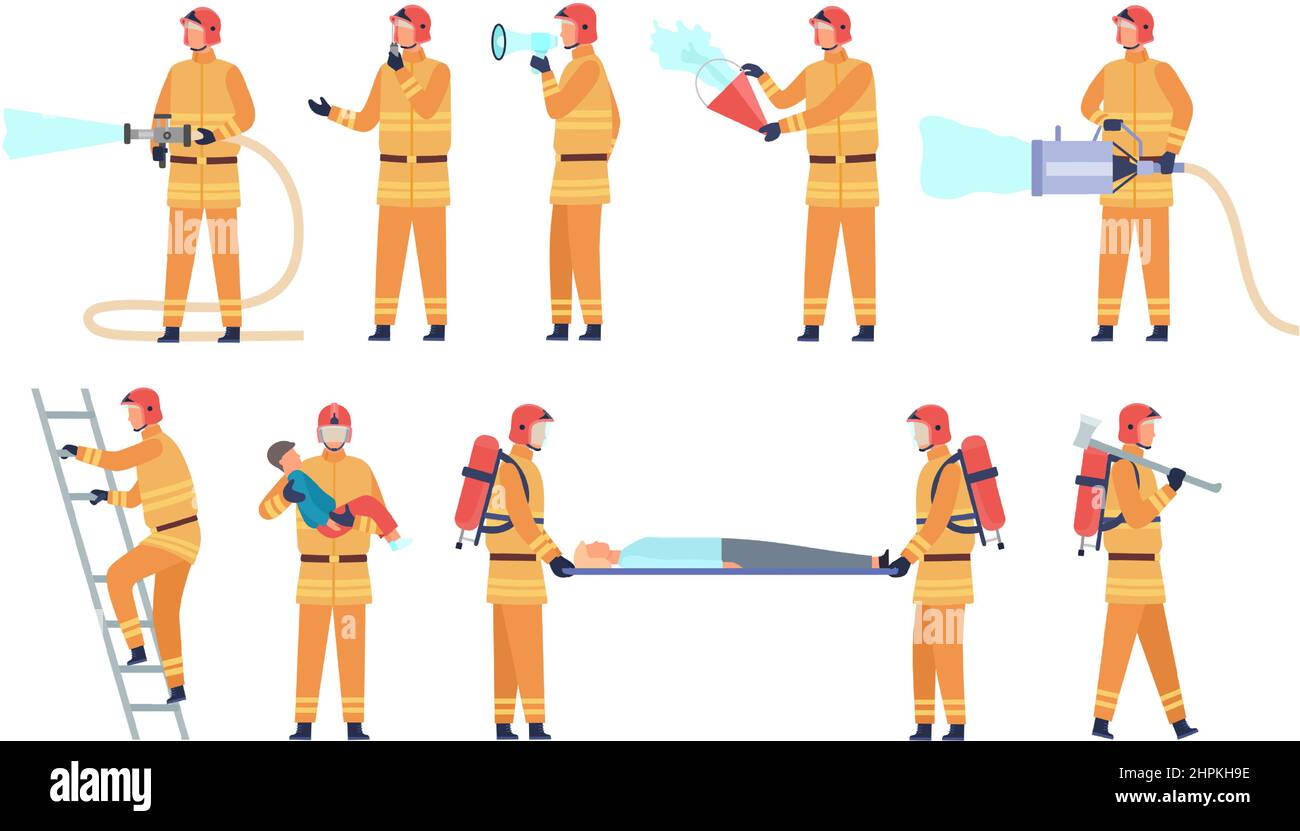 Travailleur de feu plat en uniforme sauvant les gens et de mettre la flamme. Personnage de pompier, sauveteur professionnel avec jeu de vecteur de tuyau et d'échelle Illustration de Vecteur