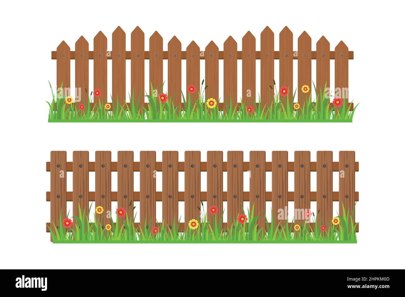 clôture en bois avec illustration vectorielle d'herbe et de fleurs Illustration de Vecteur