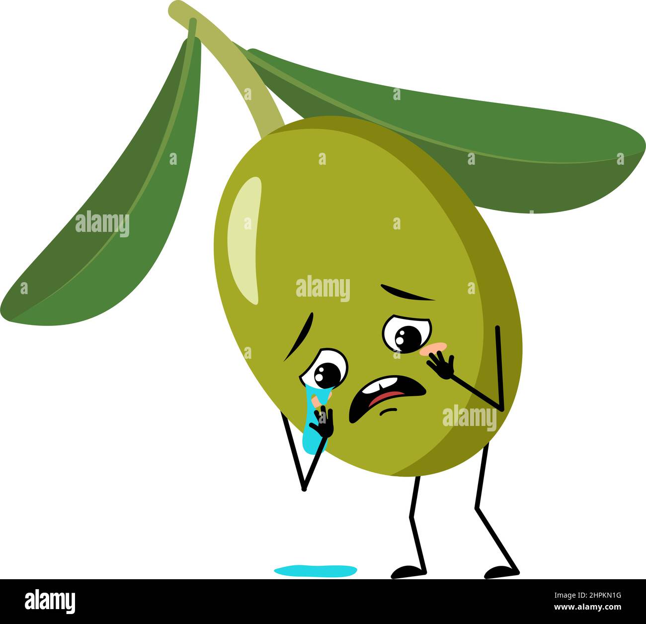 Caractère olive avec pleurs et larmes émotion, visage triste, yeux dépressifs. Personne avec expression mélancolique, émoticône de fruit. Illustration vectorielle plate Illustration de Vecteur