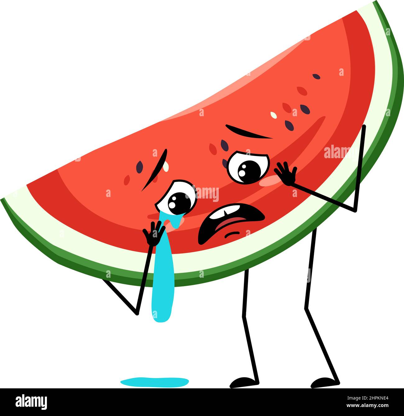 Pastèque caractère avec pleurs et larmes émotion, visage triste, yeux dépressifs. Personne avec expression mélancolique, émoticône de fruit. Illustration vectorielle plate Illustration de Vecteur