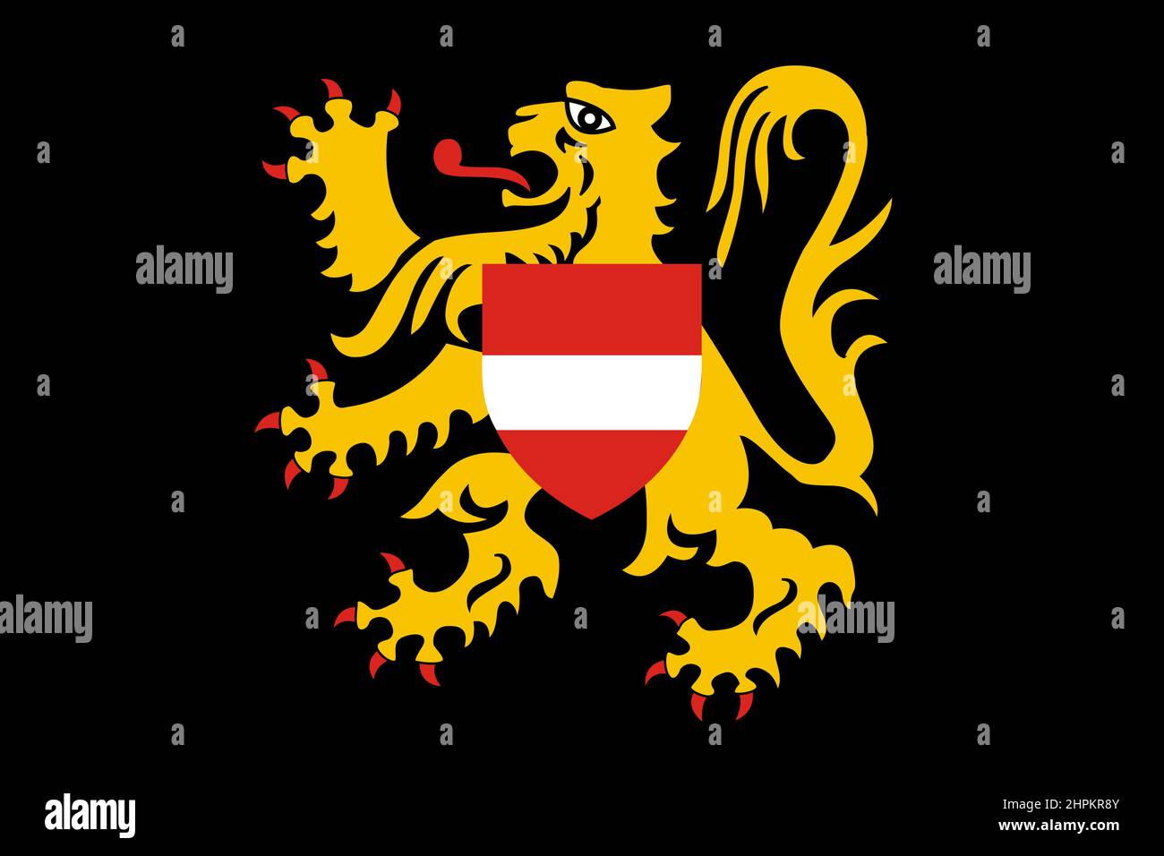 Vue de dessus du drapeau Brabant flamand, Belgique. Concept de voyage et de patriote belge. Pas de mât. Plan, conception. Arrière-plan drapeau Banque D'Images