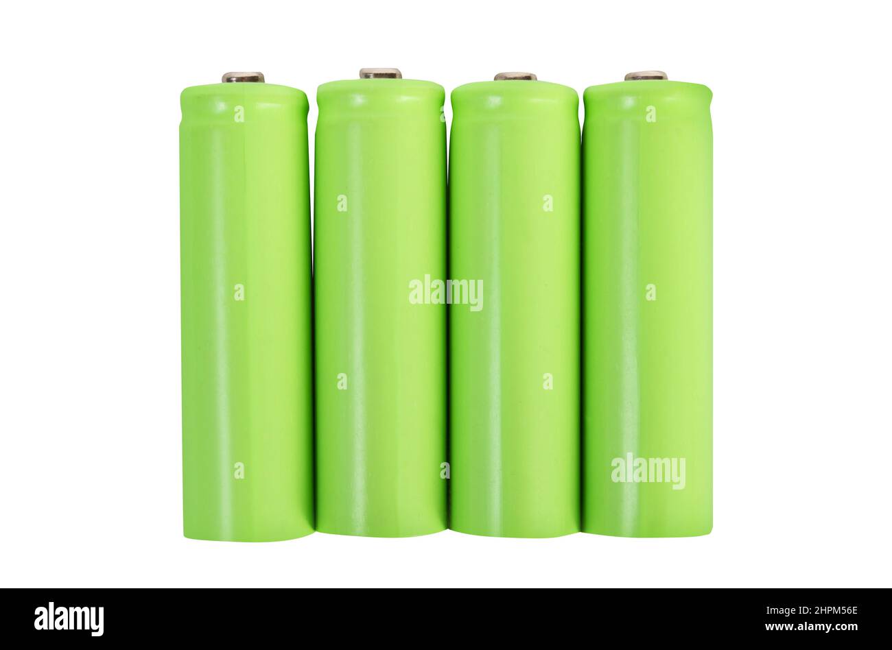 Photo isolée des piles rechargeables vertes sur fond blanc. Banque D'Images