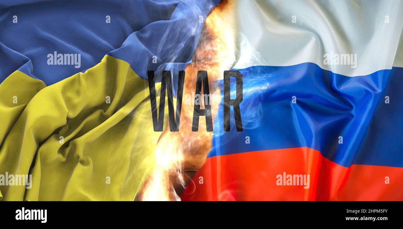 Drapeau ukrainien contre le drapeau russe - conflit entre l'Ukraine et la Russie, risque de guerre imminente - conception de bannière Banque D'Images