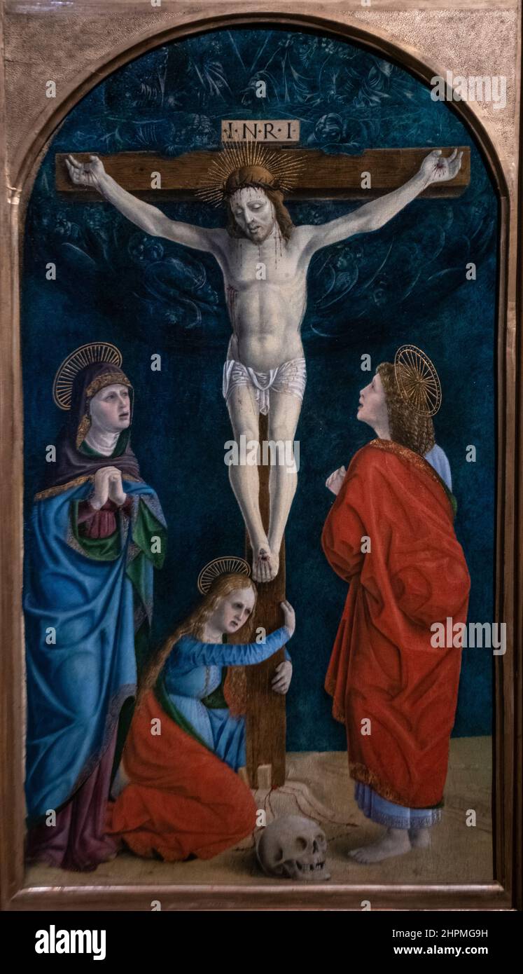 Une Villa Pecco Mestere, Felice Scotto (?) : le Christ sur la Croix avec la Vierge, Saint Jean l'évangéliste et Marie Magdalene (1480-1490) Banque D'Images