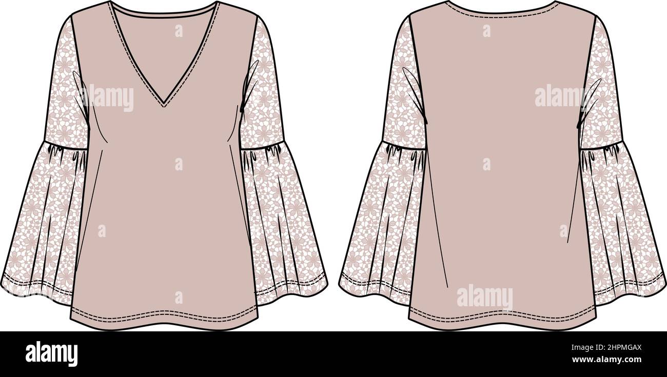 Blouse femme à col en V avec manches longues évasées dessin technique, haut à manches longues avec dentelle CAD mode, croquis, plat. Jersey ou fab tissé Illustration de Vecteur