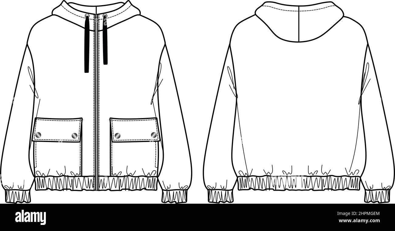 Vector Woman sweat-shirt mode CAD, sweat-shirt à capuche à manches longues avec fermeture à glissière sur le devant dessin technique, modèle, croquis, plat. Polaire ou tissu fabri Illustration de Vecteur