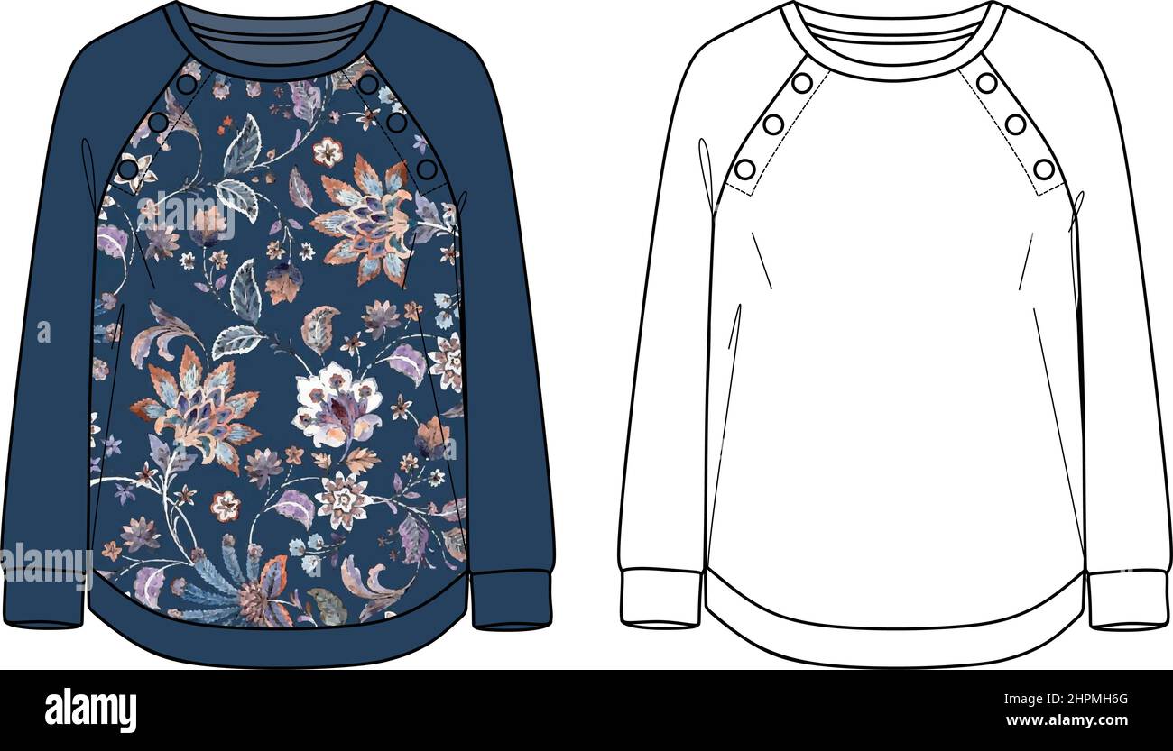 Vector Woman sweatshirt fashion CAD, sweat-shirt à col rond avec dessin technique imprimé, modèle, croquis, plat. Sweat-shirt en polaire ou en tissu tissé avec Illustration de Vecteur