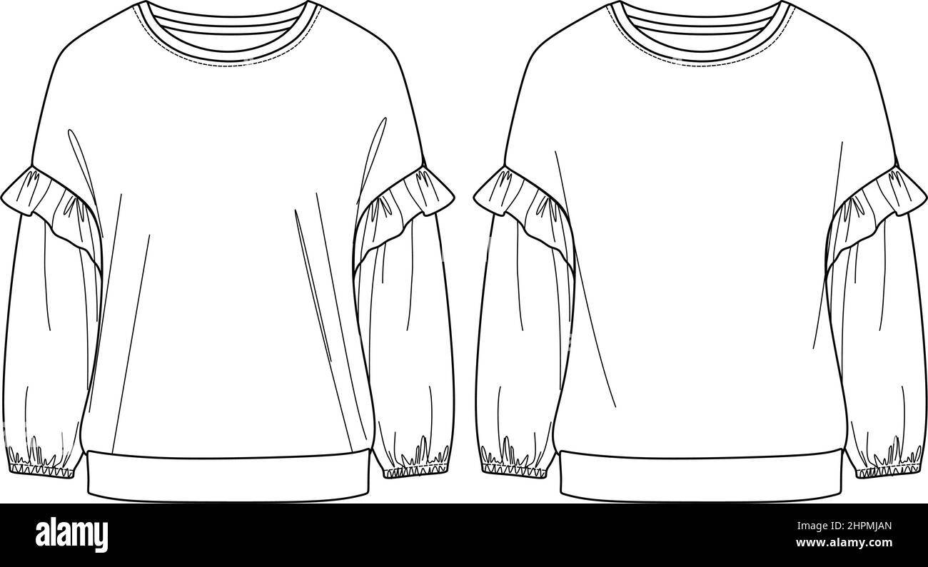 Vector manches longues surdimensionnées haut de mode CAD, femme en forme de boxy col rond avec volants détails sweat-shirt dessin technique, modèle, maquette, plat. F Illustration de Vecteur