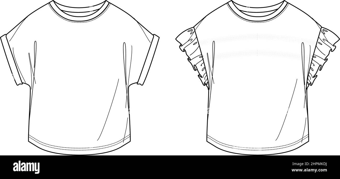 Haut de mode à col rond vectoriel CAD, femme 2 lacets t shirt dessin technique, haut à manches courtes avec franges plates, modèle, croquis. Jersey ou wove Illustration de Vecteur
