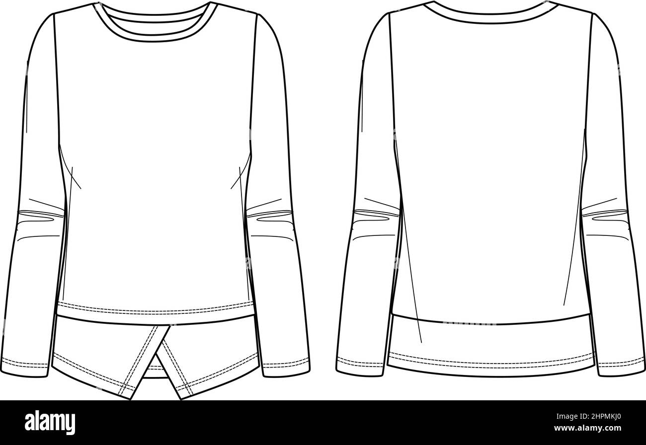 Vector Woman Woven sweatshirt fashion CAD, manches longues à col rond haut dessin technique, modèle, esquisse, plat, maquette. Tissu polaire ou tissé Illustration de Vecteur