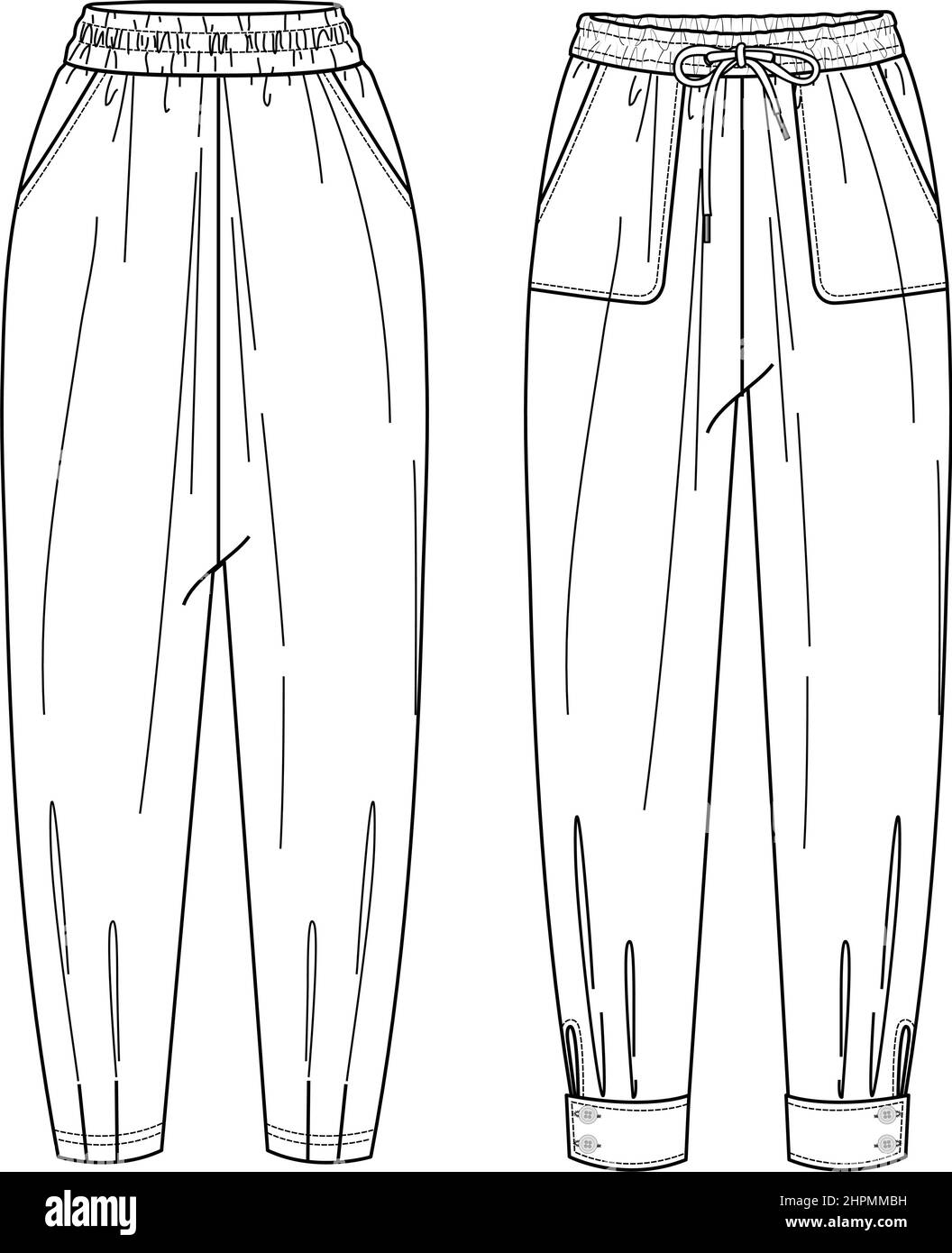 Jogging vectoriel pour femme dessin technique, pantalon femme avec taille élastique et poches détail CAD mode, modèle, croquis, plat. Femme trous Illustration de Vecteur