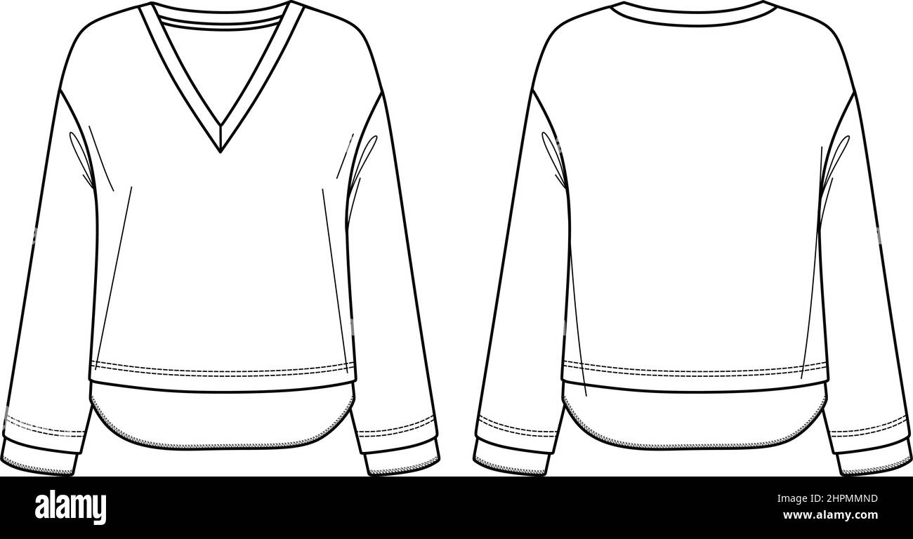 Vector Woman sweatshirt mode CAD, manches longues V-cou haut dessin technique, modèle, esquisse, plat, maquette. Sweat-shirt en polaire ou en tissu tissé avec Illustration de Vecteur