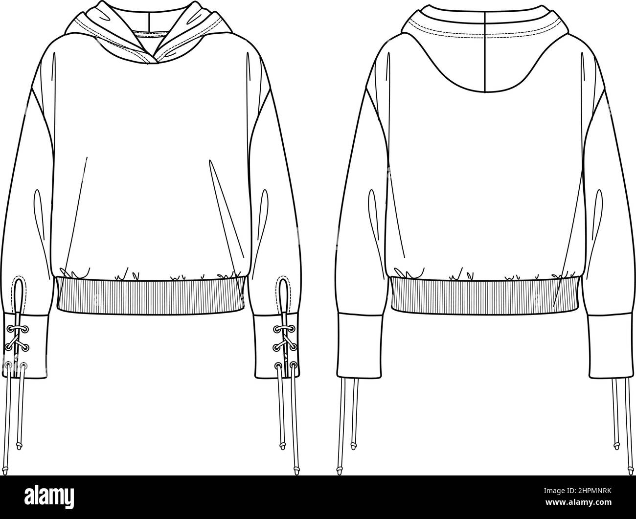 Vector lounge sweat-shirt à capuche mode CAD, sport femme sweat-shirt à manches longues avec œillets détail dessin technique, modèle, croquis, plat. Jersey Illustration de Vecteur