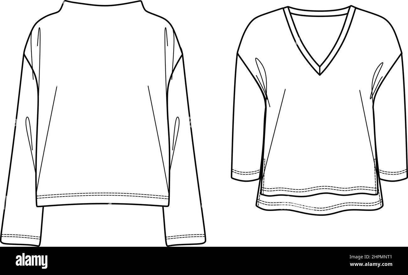 Vector manches longues 2 ensemble t shirt mode CAD, femme col v chemisier ajusté dessin technique, modèle, plat, croquis. Jersey, polaire ou tissu tissé à Illustration de Vecteur