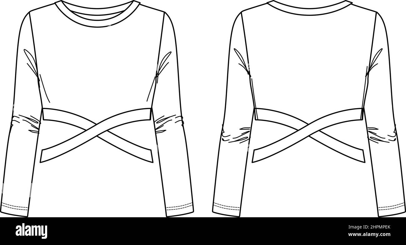 Vector coupé t-shirt manches longues mode CAD, femme hiver col rond court top dessin technique, modèle, esquisse, plat, maquette. Jersey Modern cr Illustration de Vecteur