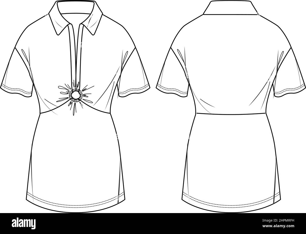 Dessin technique de mini-robe vecteur, robe courte d'été avec détail smoking mode CAD, robe femme avec col polo esquisse, modèle. Jersey ou tissé Illustration de Vecteur