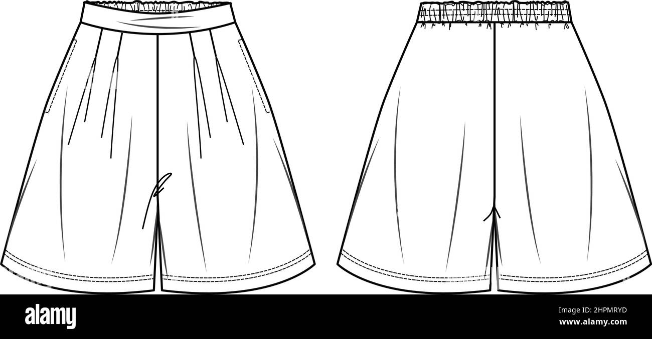 Dessin technique de mode de shorts pour femmes avec poches en graphique vectoriel. Femmes bermudes avec taille élastique plate, croquis, illustration de la mode. JERS Illustration de Vecteur
