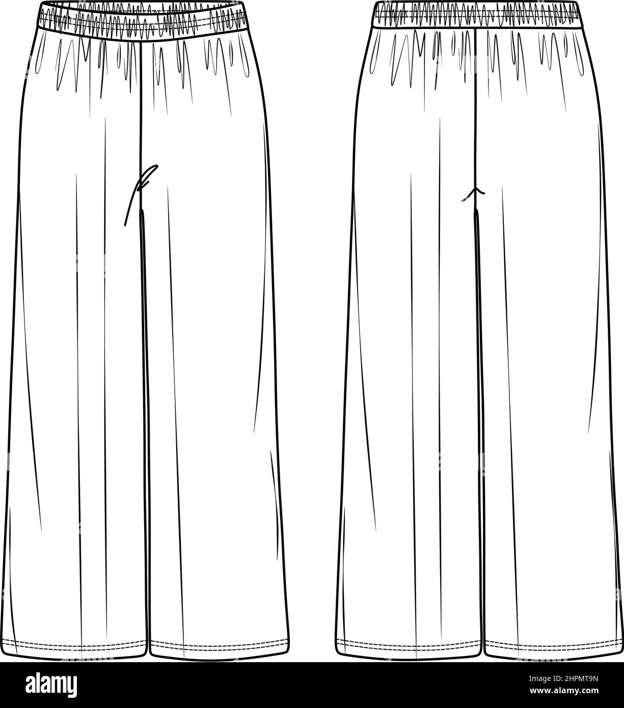 Vector Comfy yoga pantalon dessin technique, femme pantalon de survêtement large mode CAD, modèle, croquis, plat. Pantalon en jersey ou en tissu tissé avec devant, Illustration de Vecteur