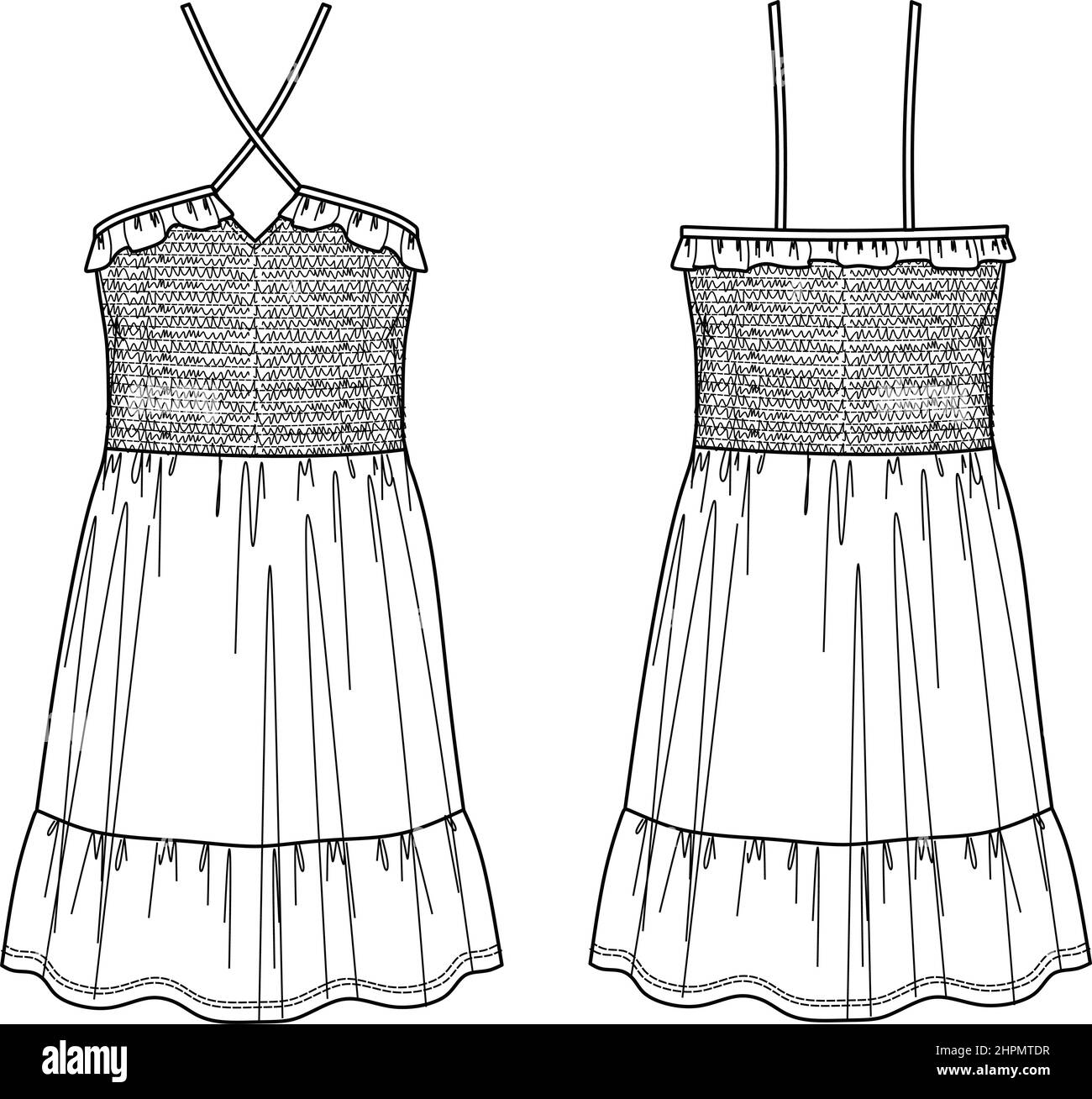 Robe vectorielle avec bretelles mode CAD, femme sans manches mini robe dessin technique, modèle, esquisse, modèle, plat. Jersey ou tissu tissé Illustration de Vecteur