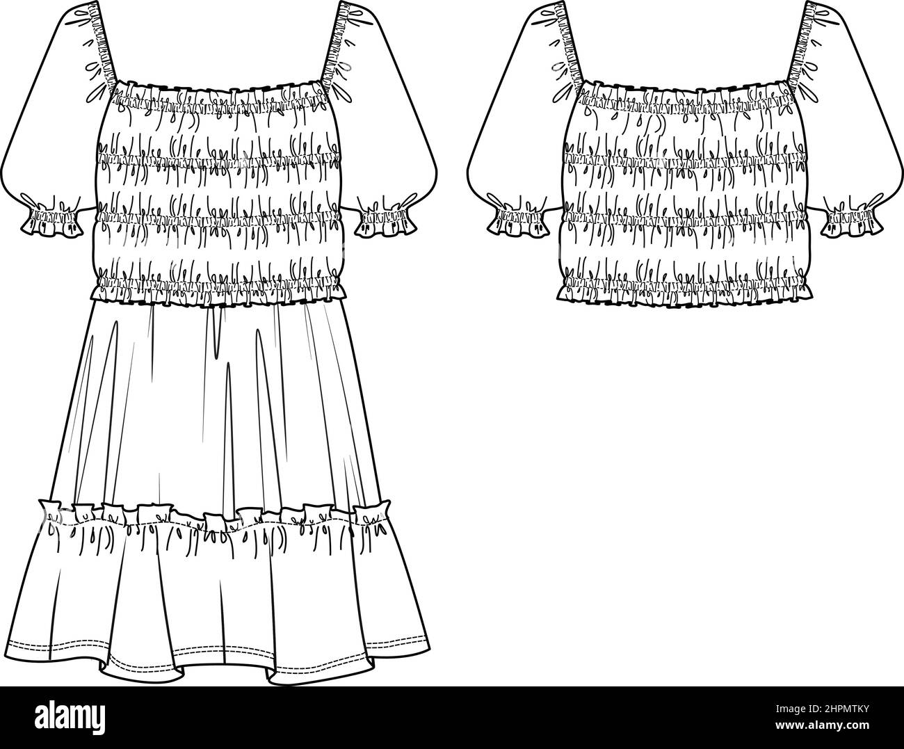Vector robe à manches courtes mode CAD, femme col carré mini robe avec détail fumeur dessin technique, modèle, plat, croquis. Jersey ou fa tissé Illustration de Vecteur